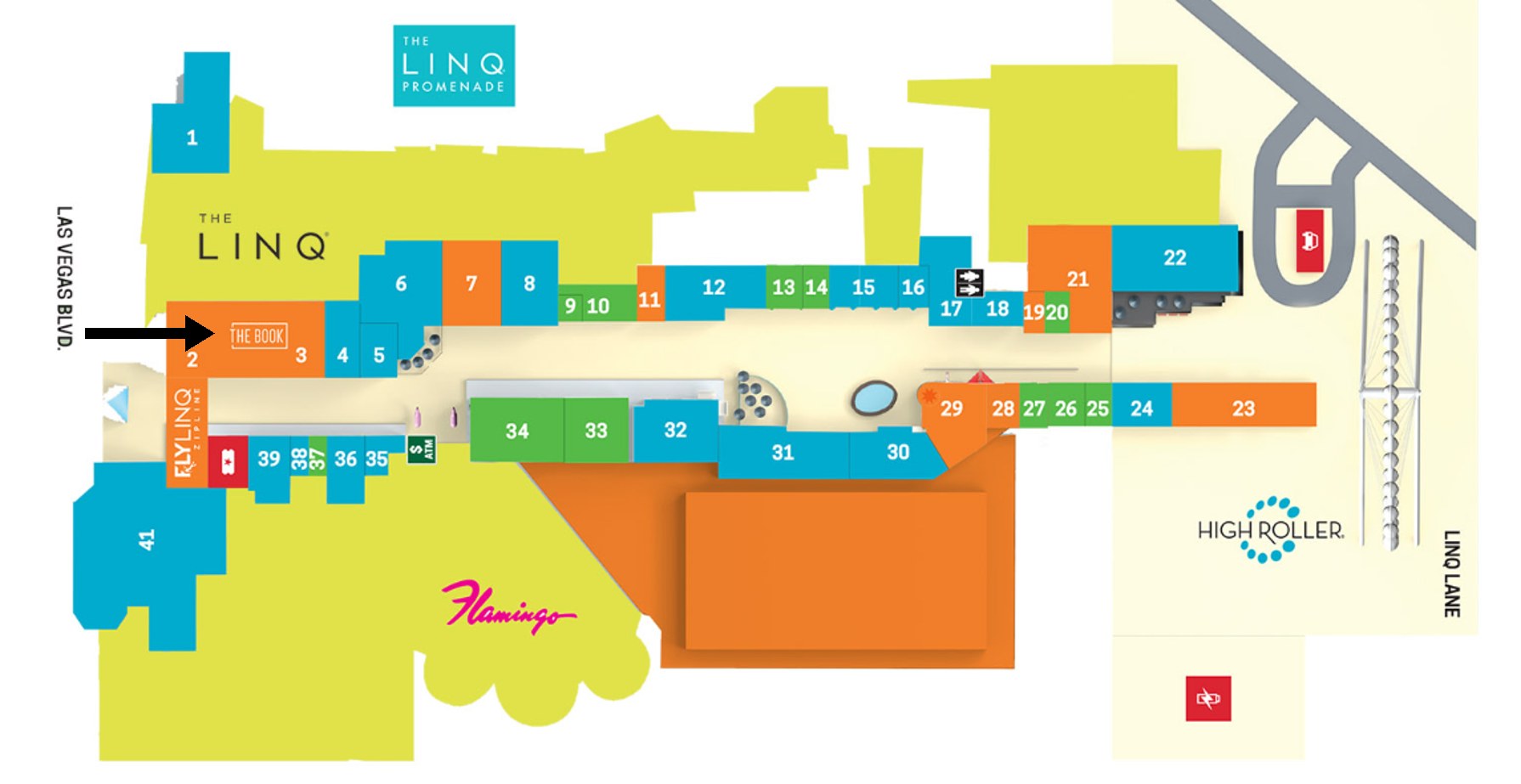 Property map of The LINQ. A black arrow from the Las Vegas Boulevard side points to The Book on the casino floor.